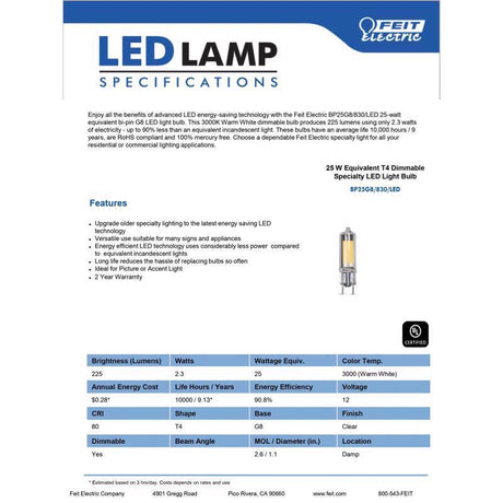 Feit T4 G8 LED Bulb Warm White 25 Watt Equivalence 1 pk