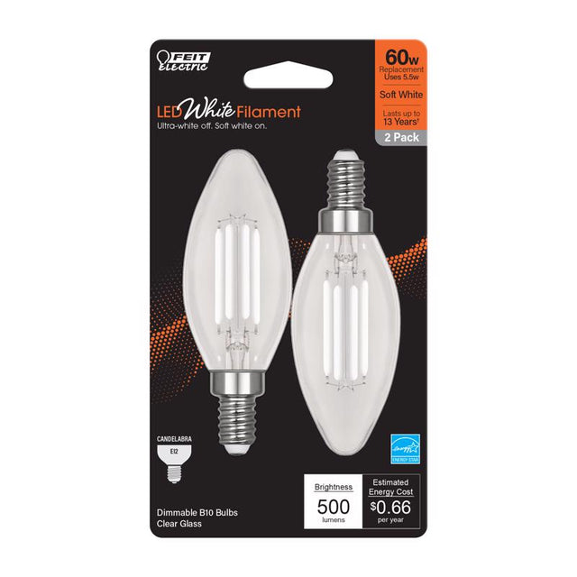 Feit White BA10 E12 (Candelabra) Filament LED Bulb Soft White 60 Watt Equivalence 2 pk