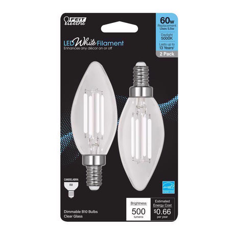 Feit White B10 E12 (Candelabra) Filament LED Bulb Daylight 60 Watt Equivalence 2 pk