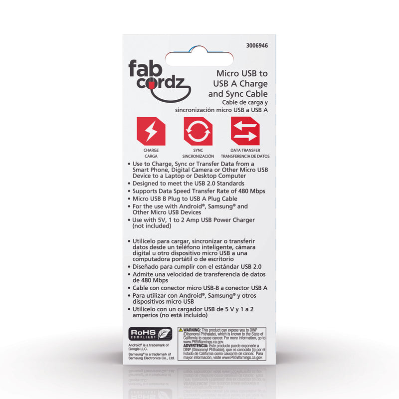 Fabcordz Micro to USB Charge and Sync Cable 6 ft. Black