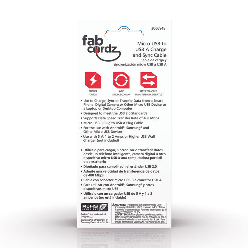 Fabcordz Micro to USB Charge and Sync Cable 10 ft. Black