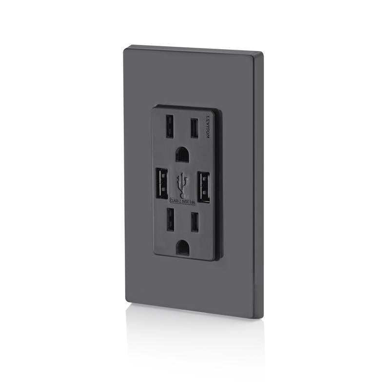 Leviton Decora 15 amps 125 V Duplex Black Outlet and USB Charger 5-15R 1 pk