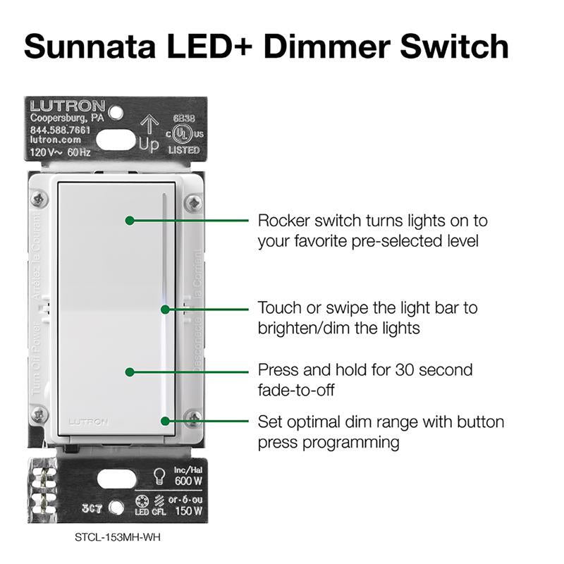 Lutron Sunnata 1.25 amps Single Pole 3-Way Dimmer Switch White 1 pk