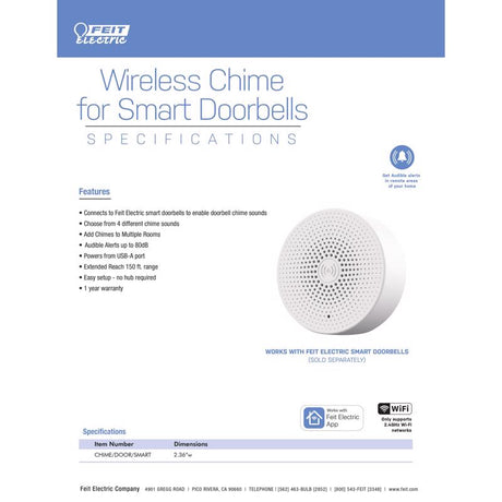 Feit White Plastic Wireless Smart-Enabled Door Chime Bell