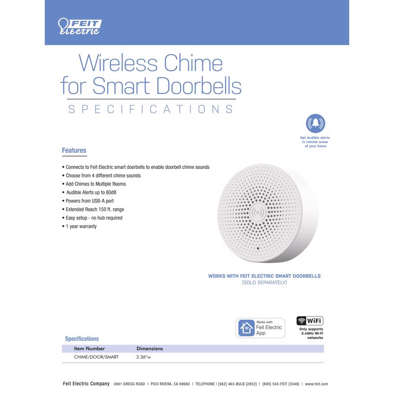 Feit White Plastic Wireless Smart-Enabled Door Chime Bell