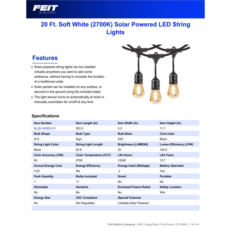 Feit SOLAR STRING LIGHTS LED Solar String Light Set White 20 ft. 11 lights