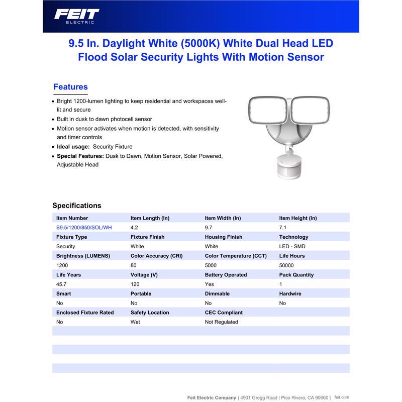 Feit LED Motion-Sensing Solar Powered LED White Security Floodlight