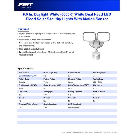 Feit LED Motion-Sensing Solar Powered LED White Security Floodlight