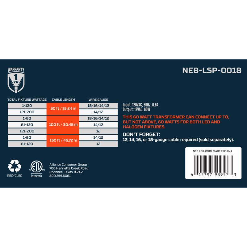 NEBO Plug In 60 W LED Transformer 1 pk