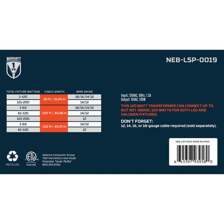 NEBO Plug In 120 W LED Transformer 1 pk