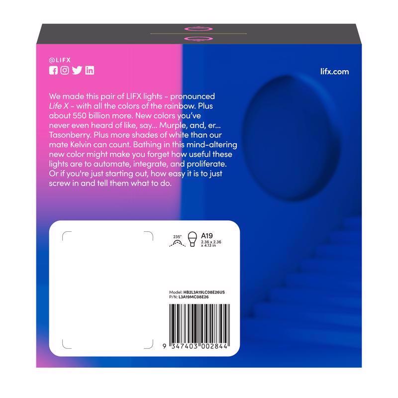 LIFX Smart Home A19 E26 (Medium) Smart-Enabled LED Bulb Color Changing 60 Watt Equivalence 2 pk