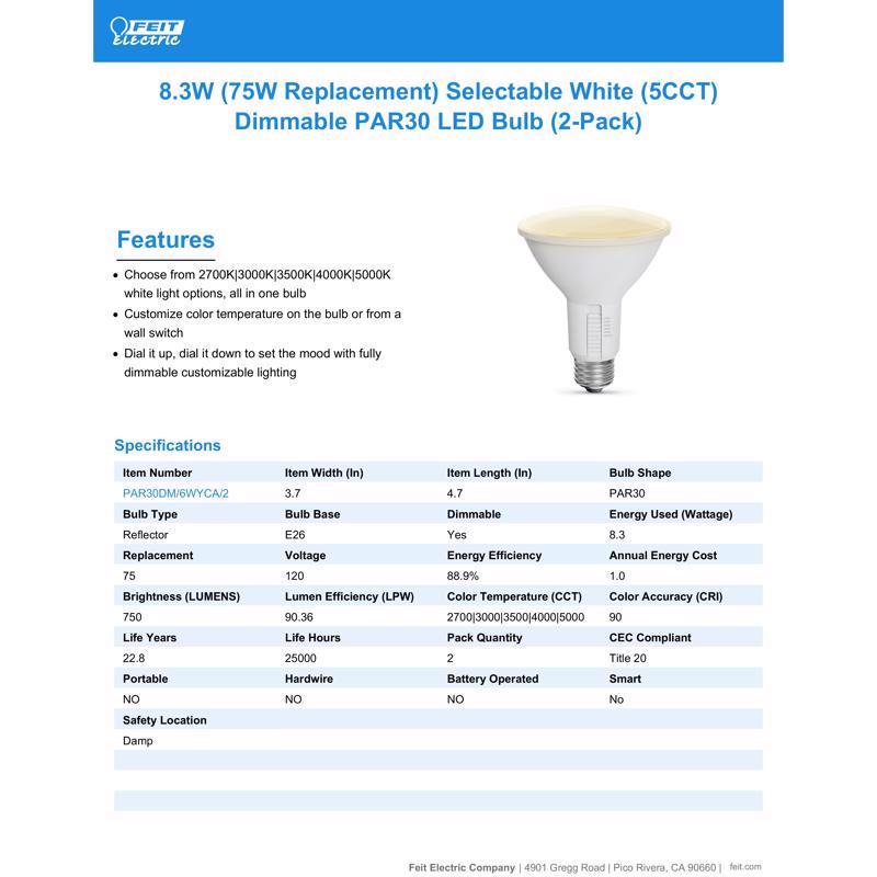 Feit Enhance PAR30 E26 (Medium) LED Bulb Adjustable White 75 Watt Equivalence 2 pk