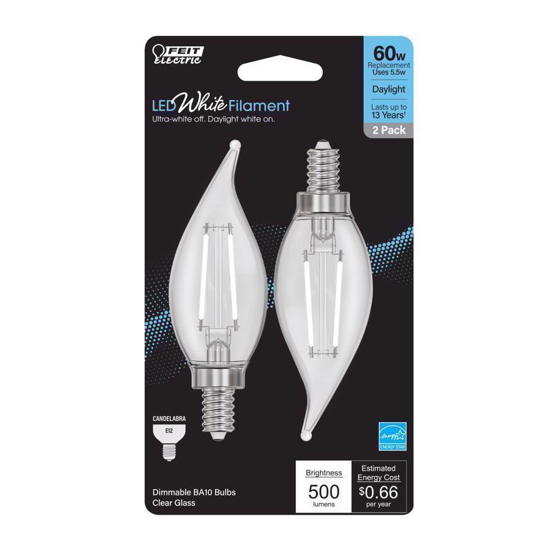Feit White BA10 E12 (Candelabra) LED Flame Bulb Daylight 60 Watt Equivalence 2 pk