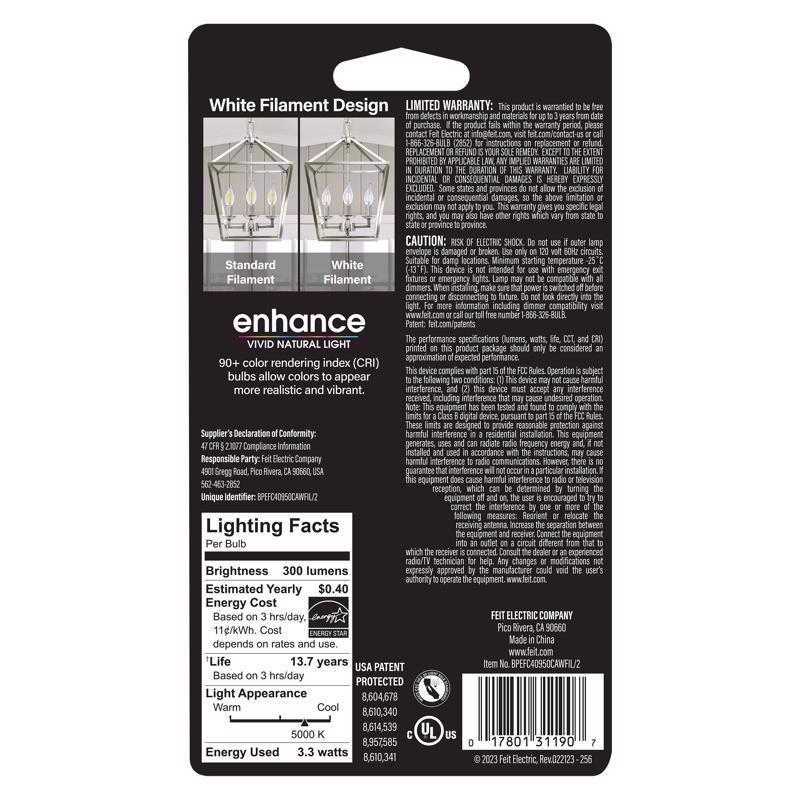 Feit White BA10 E26 (Medium) Filament LED Bulb Daylight 40 Watt Equivalence 2 pk