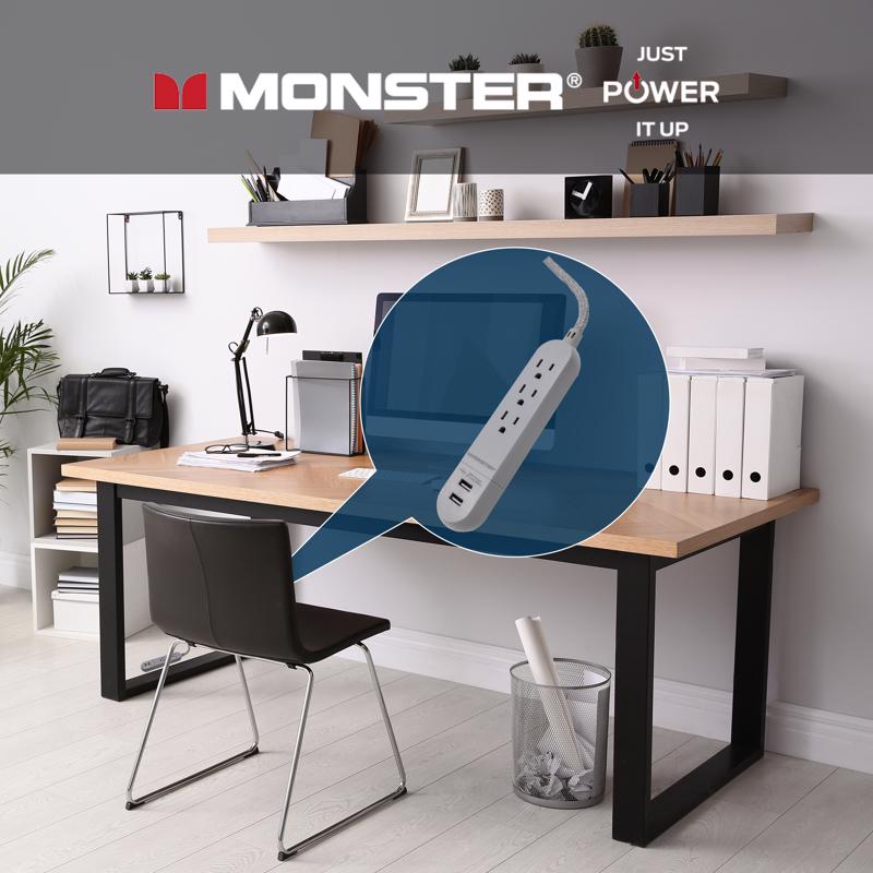 Monster Just Power It Up 4 ft. L 3 outlets Power Strip Gray