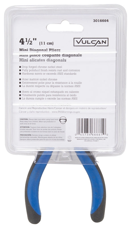 Vulcan JL-NP039 Diagonal Cutting Plier, 4.5 in OAL, 0.8 mm Cutting Capacity, 0.5 in Jaw Opening, Black/Blue Handle