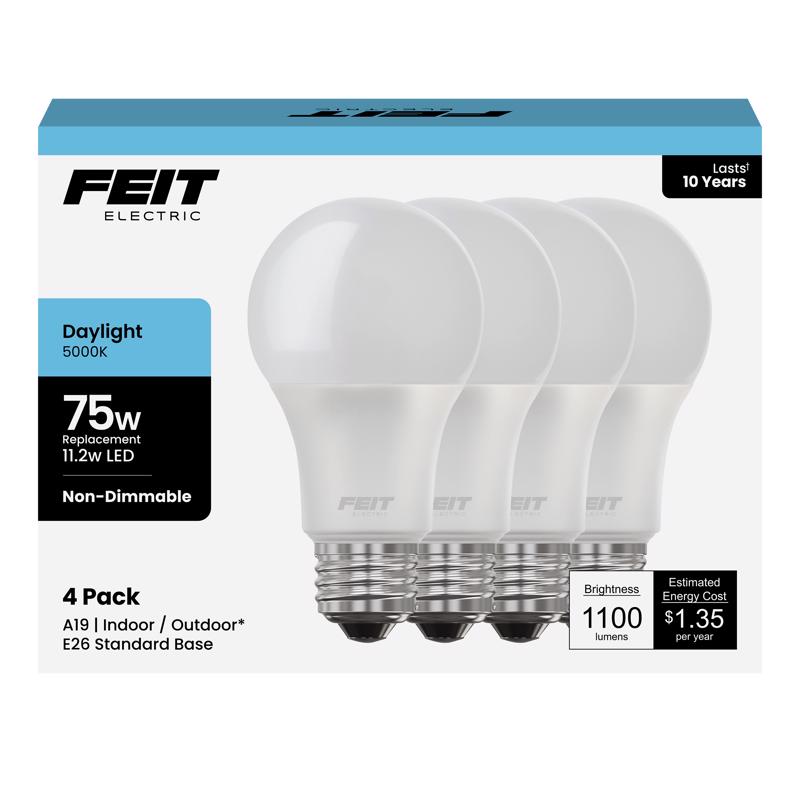 Feit A19 E26 (Medium) LED Bulb Daylight 75 Watt Equivalence 4 pk