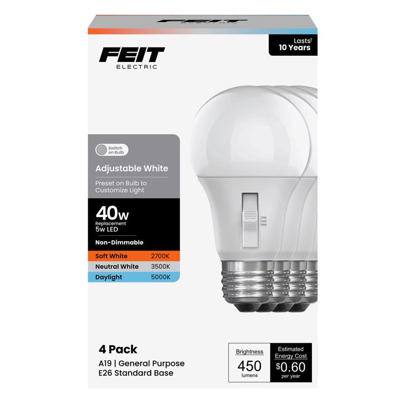 Feit A19 E26 (Medium) LED Bulb Adjustable White 40 Watt Equivalence 4 pk