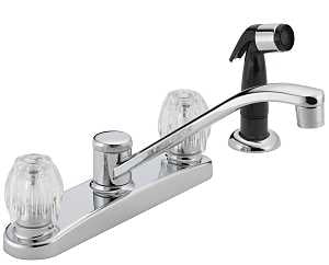 Delta P225LF Kitchen Faucet with Side Sprayer, 1.8 gpm, 2-Handle, Chrome Plated, Deck, Knob Handle, Swivel Spout