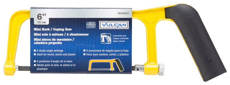 Vulcan JL52063 Mini Hacksaw, 6 in L Blade, 24 TPI, Steel Blade, 2-1/4 in D Throat, Steel Frame, Comfort Grip Handle