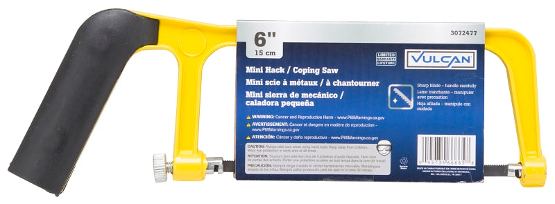 Vulcan JL52063 Mini Hacksaw, 6 in L Blade, 24 TPI, Steel Blade, 2-1/4 in D Throat, Steel Frame, Comfort Grip Handle