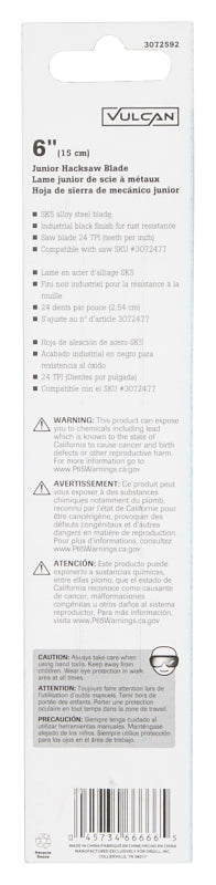 Vulcan JL606-0040 Hacksaw Blade, 1/4 in W, 6 in L, 24 TPI