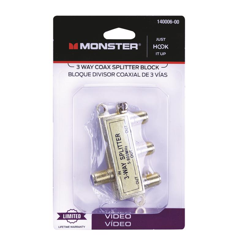 Monster Just Hook It Up 3 Way Coax Splitter 75 ohm 900 MHz 1 pk, Pack of 4