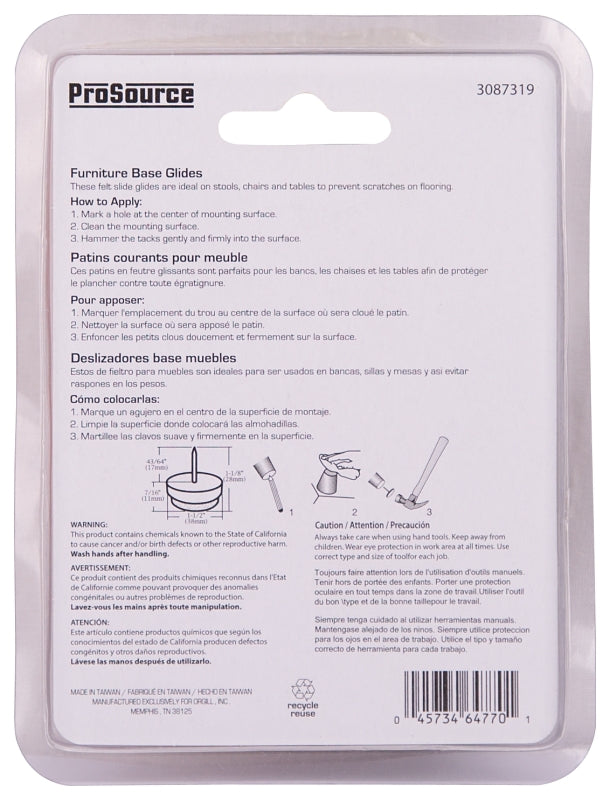 ProSource FE-S408-PS Furniture Glide, Felt Cloth, Gray/White, Gray/White, 1-1/2 x 1-1/2 x 1-1/8 in Dimensions