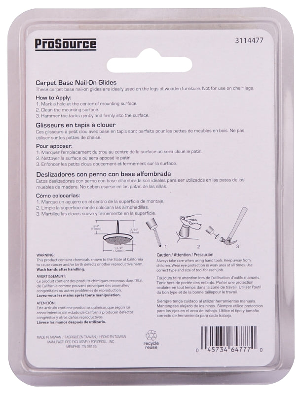 ProSource FE-S510-PS Furniture Glide, Carpet/Steel, Brown, Brown, 1-1/4 x 1-1/4 x 15/16 in Dimensions