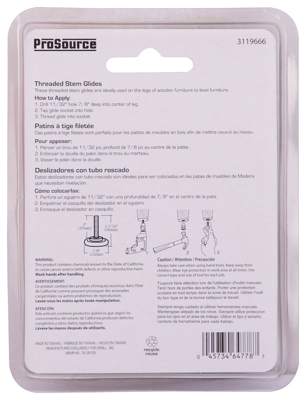 ProSource FE-S504-PS Furniture Glide, Plastic/Steel, Silver, Nickel Plated, 7/8 x 7/8 x 1-7/16 in Dimensions