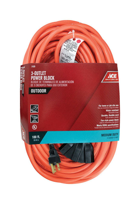 Ace Indoor or Outdoor 100 ft. L Orange Triple Outlet Cord 14/3 SJTW, Pack of 2