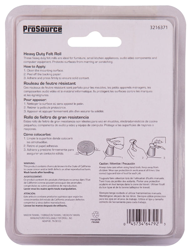 ProSource FE-50232-PS Furniture Pad, Felt Cloth, Brown, 40 x 3/8 in Dia, 3/8 in W, 7/64 in Thick, Roll