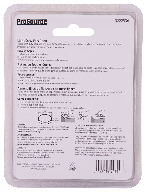 ProSource FE-50229-PS Furniture Pad, Felt Cloth, Brown, 1/2 in Dia, 5/64 in Thick, Round