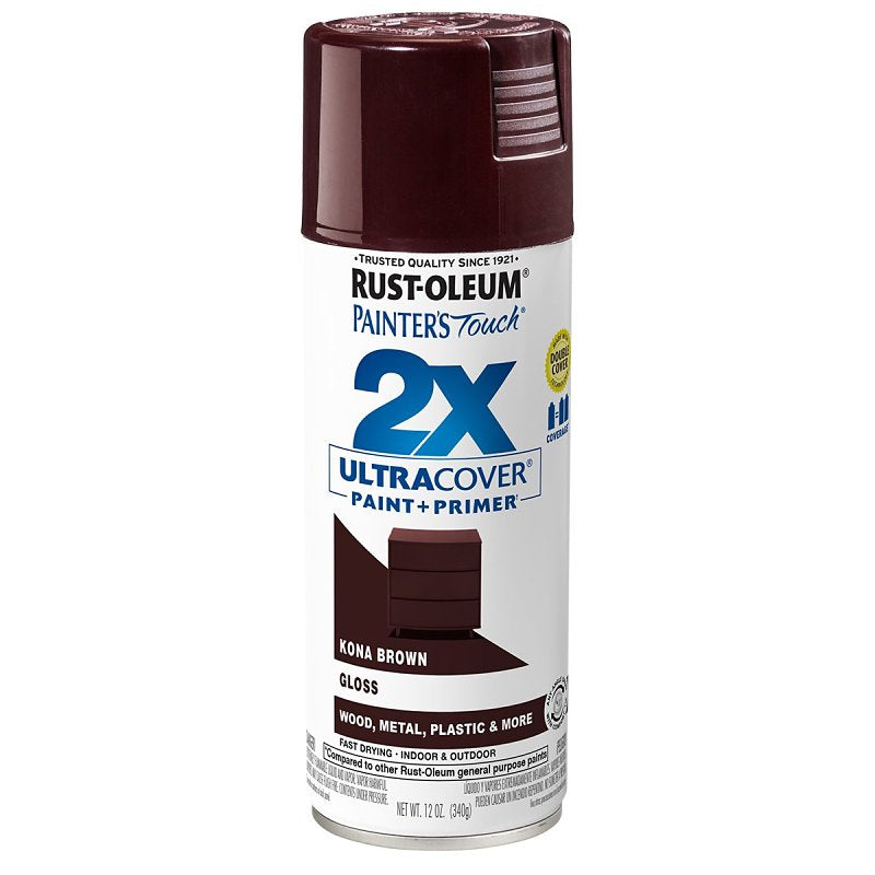 Painter's Touch 2X Ultra Cover 334038 Spray Paint, Gloss, Kona Brown, 12 oz, Aerosol Can