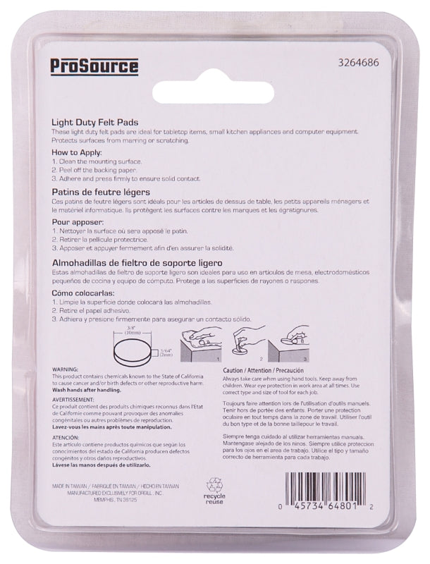 ProSource FE-S302-PS Furniture Pad, Felt Cloth, Brown, 3/8 in Dia, 5/64 in Thick, Round