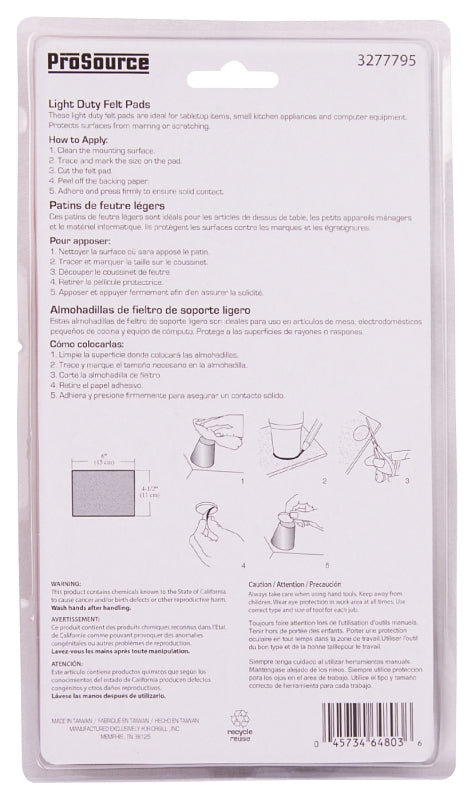 ProSource FE-S307-PS Furniture Pad, Felt Cloth, Brown, 6 x 4-1/2 in Dia, 4-1/2 in W, 5/64 in Thick, Square