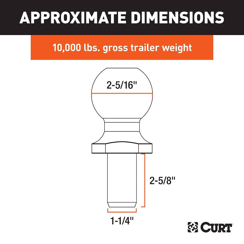 Curt 40068 Trailer Ball, 2-5/16 in Dia Ball, 1-1/4 in Dia Shank, 10,000 lb Gross Towing, 450 ft-lb Tongue Load