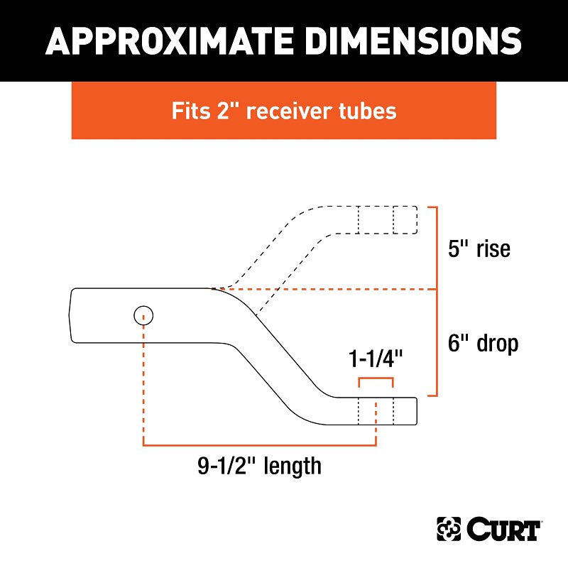 Curt 45342 Ball Mount, 9-1/2 in L, 6 in Drop, 5 in Rise, Class 5 Hitch, Steel, Carbide