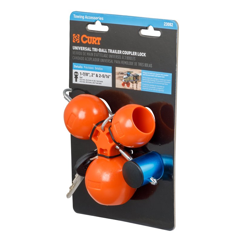 Curt 23082 Tri-Ball Trailer Coupler Lock, Universal Hitch, 1/4 in Dia Pin, 11 in OAL, Polymer