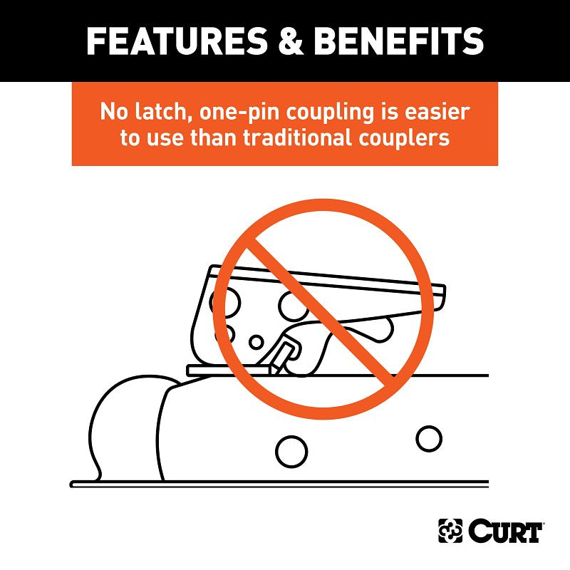 Curt QuickPin Series 25472 No-Latch Trailer Coupler, 3500 lb, 2 in Ball, Powder-Coated, Black, 1/PK
