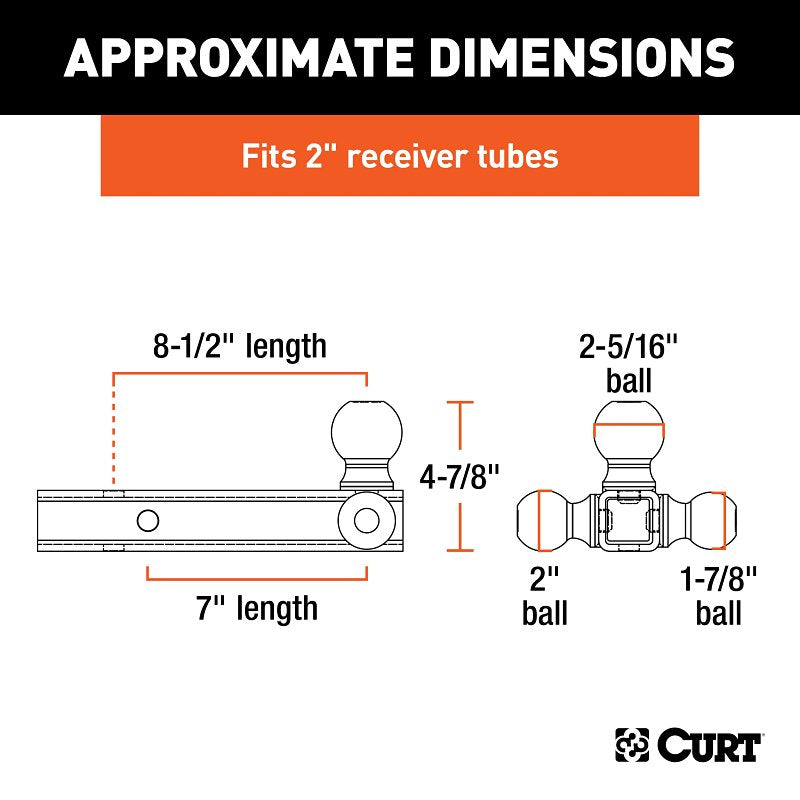 Curt 45001 Ball-Mount, 1-7/8, 2, 2-5/16 in Dia Hitch Ball, Steel, Powder-Coated