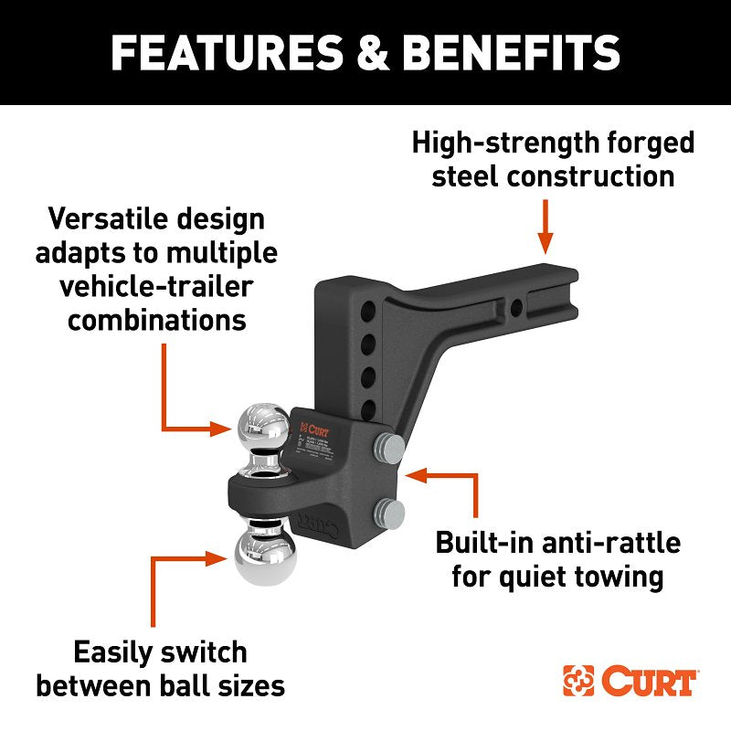 Curt 45935 Adjustable Trailer Hitch Dual-Ball Mount, 5-1/2 in Drop, 4-1/2 in Rise, 2, 2-5/16 in Dia Hitch Ball, 1/PK