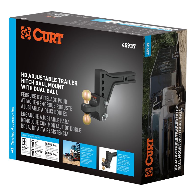 Curt 45937 Adjustable Trailer Hitch Dual-Ball Mount, 5-1/2 in Drop, 4 in Rise, 2, 2-5/16 in Dia Hitch Ball, Carbon Steel