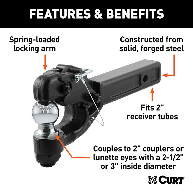 Curt 48007 Ball and Pintle Combination, 2 in Dia Eye, 10,000, 16,000 lb Working Load, Steel, Powder-Coated