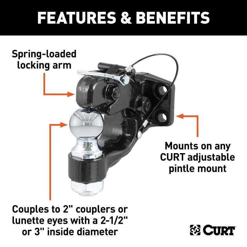 Curt 48190 Ball and Pintle Combination, 10,000 lb, 16,000 lb Working Load, Powder-Coated, 2 in Dia Eye, Steel