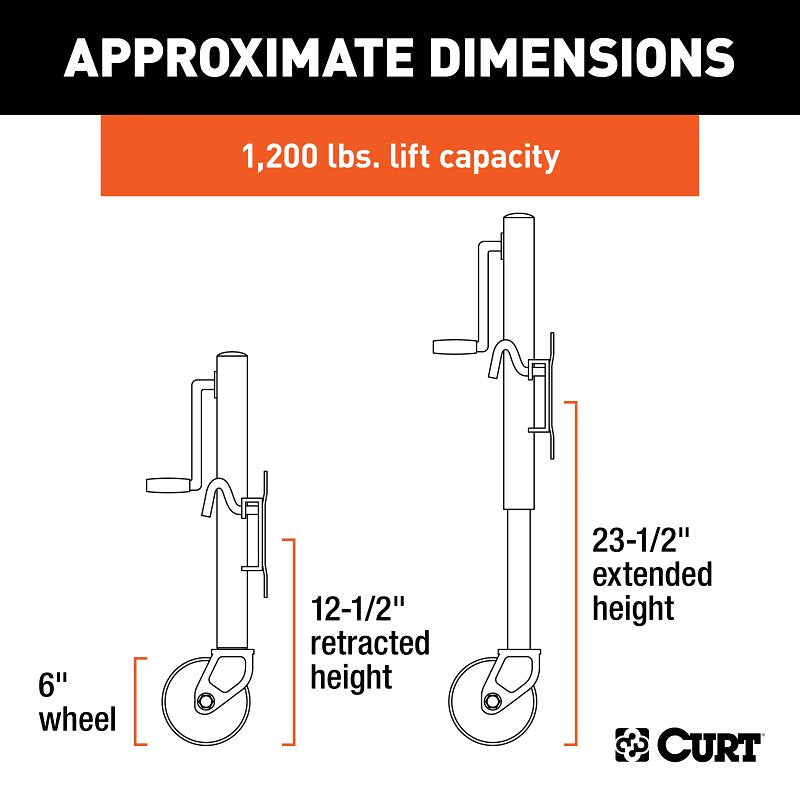 Curt 28113 Marine Jack with 6 in Wheel, 1200 lb Lifting, 10 in Max Lift H, 23-1/2 in OAH, Composite