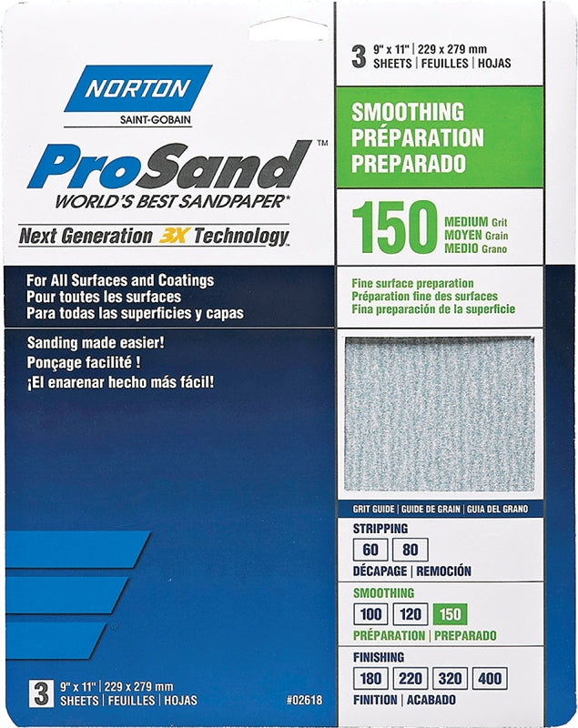 Norton ProSand 07660768160 Sanding Sheet, Tan, 11 in L, 9 in W, Medium, 150 Grit, Aluminum Oxide Abrasive