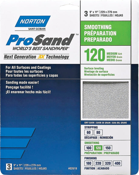 Norton ProSand 07660768161 Sanding Sheet, Tan, 11 in L, 9 in W, Medium, 120 Grit, Aluminum Oxide Abrasive