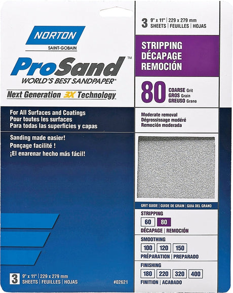 Norton ProSand 07660768163 Sanding Sheet, Tan, 11 in L, 9 in W, Coarse, 80 Grit, Aluminum Oxide Abrasive