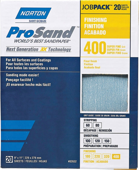 Norton ProSand 07660768165 Sanding Sheet, Tan, 11 in L, 9 in W, Super Fine, 400 Grit, Aluminum Oxide Abrasive